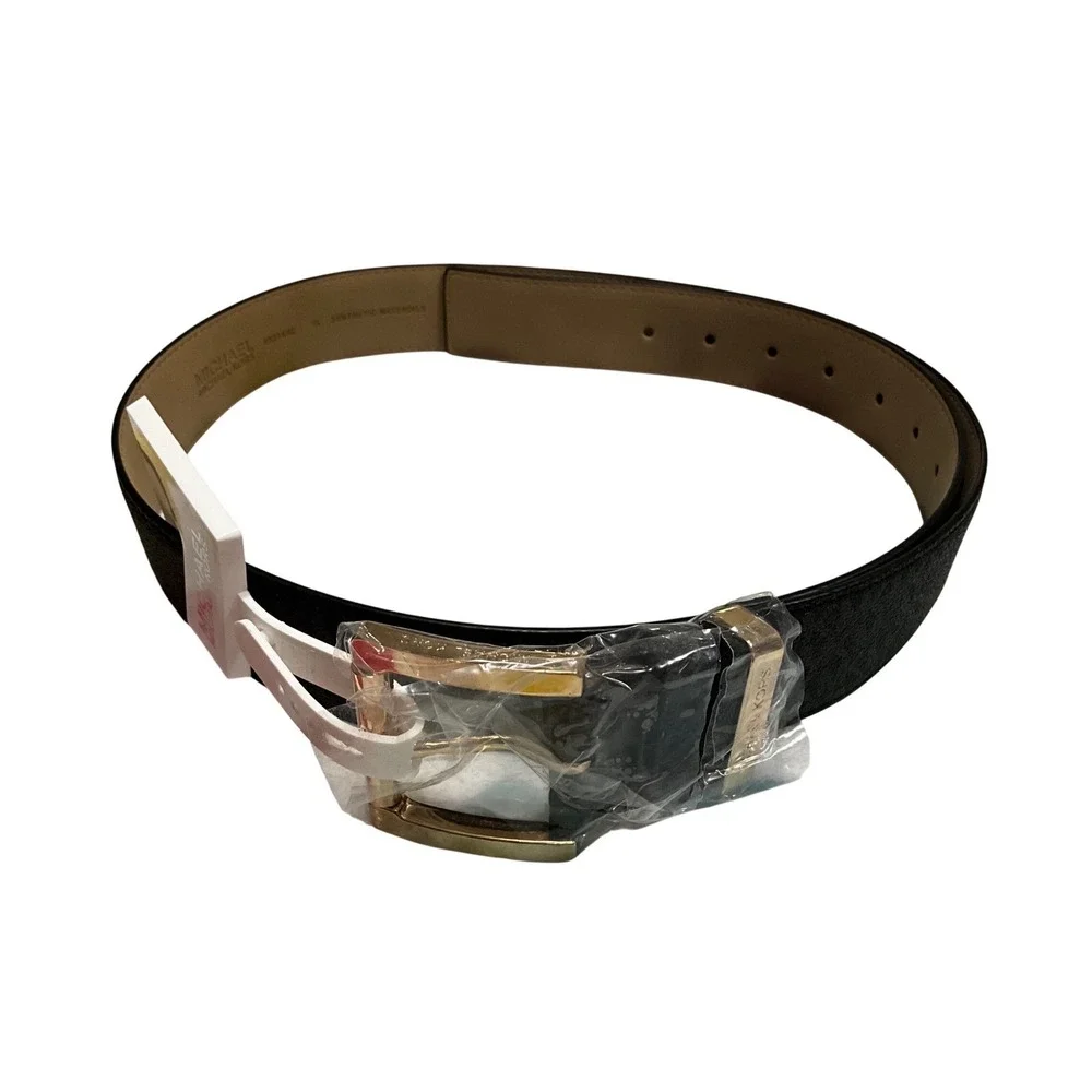 Michael Kors Womens Black Monogram Belt Gold Buckle XL Synthetic Materials‎